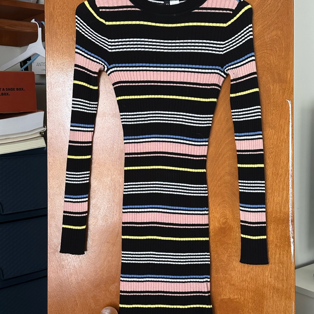 H&M Black and Pink Striped Long Sleeve Dress